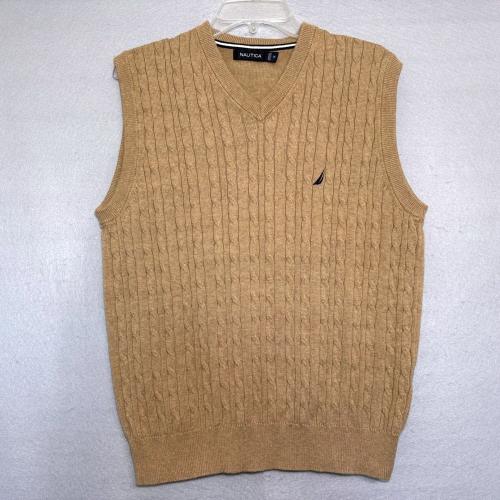 Nautica Men's Cable Knit Sweater Vest Tan Cotton Size M Preppy Classic Casual